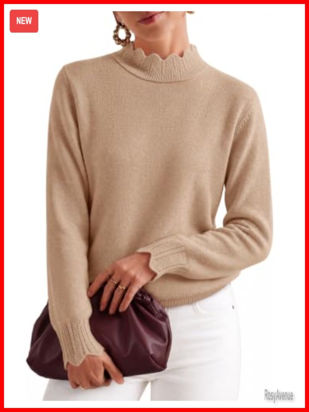 Scalloped Mock Neck Pullover Sweater Women Puff Sleeve Fall Winter